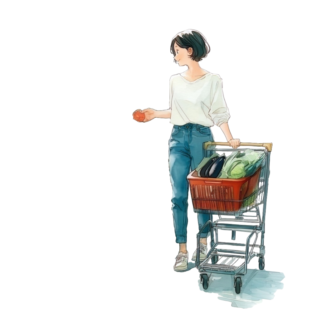 スーパーの野菜売り場でトマトを手に取るショートヘアの女性の背景透過水彩イラスト