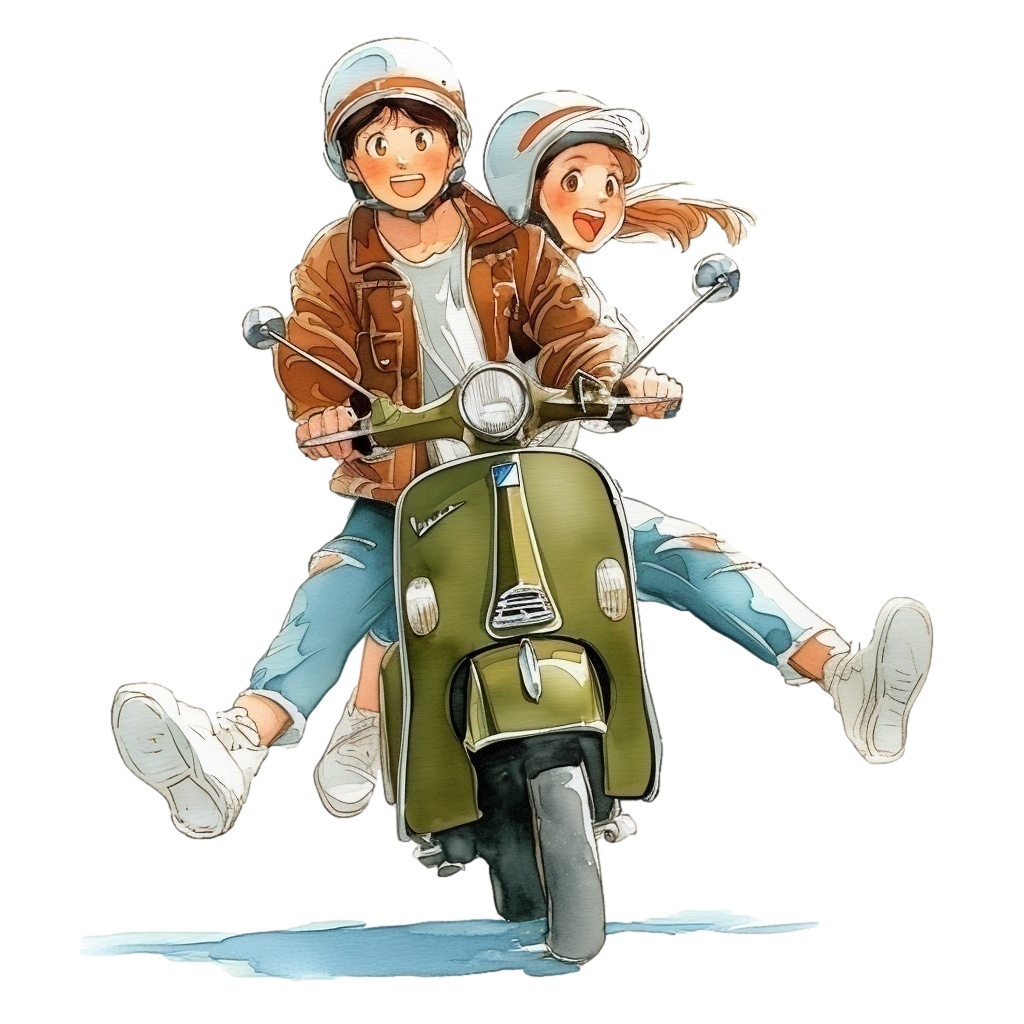 カーキ色のスクーターに楽しそうに二人乗りをしている若いカップルの背景透過水彩イラスト