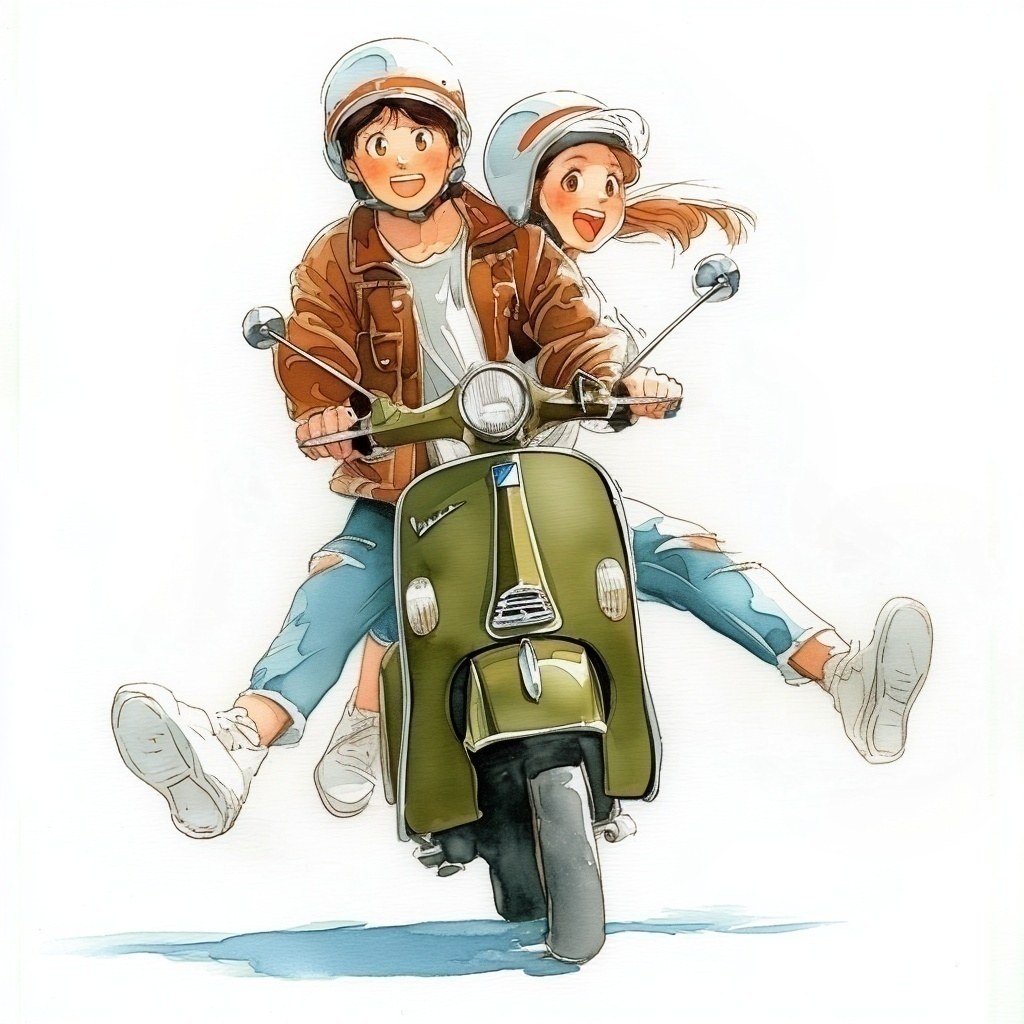 カーキ色のスクーターに楽しそうに二人乗りをしている若いカップルの水彩イラスト