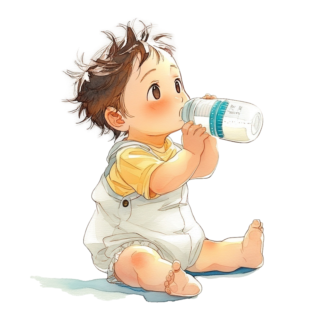 自分で哺乳瓶を持ちミルクを飲んでいる寝起きの男の子の背景透過水彩イラスト