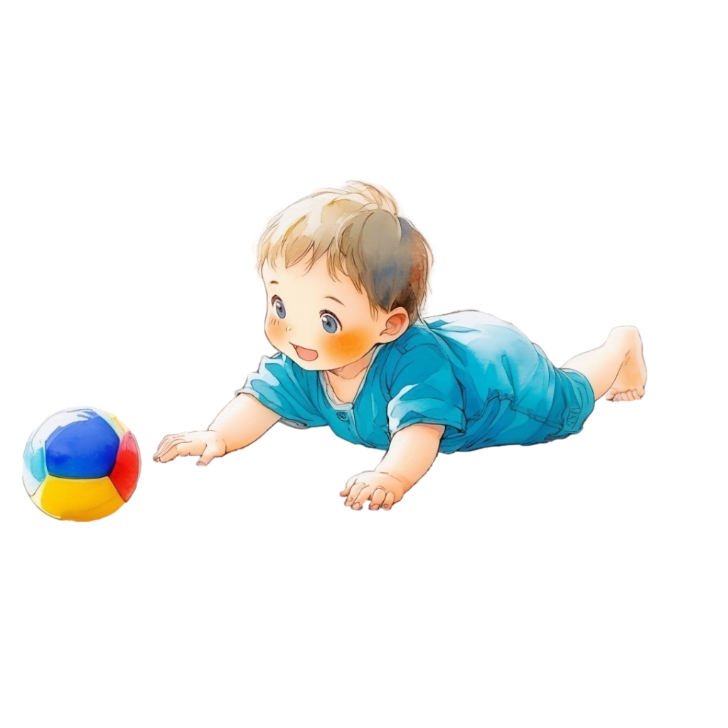 ずりばいでカラフルなボールを追いかけている青いロンパースを着た赤ちゃんの背景透過水彩イラスト