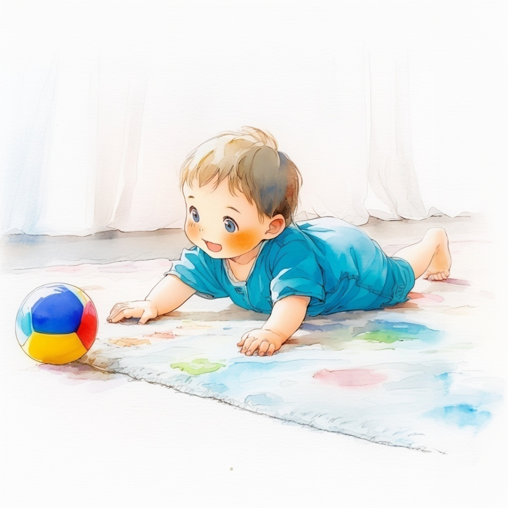 ずりばいでカラフルなボールを追いかけている青いロンパースを着た赤ちゃんの水彩イラスト
