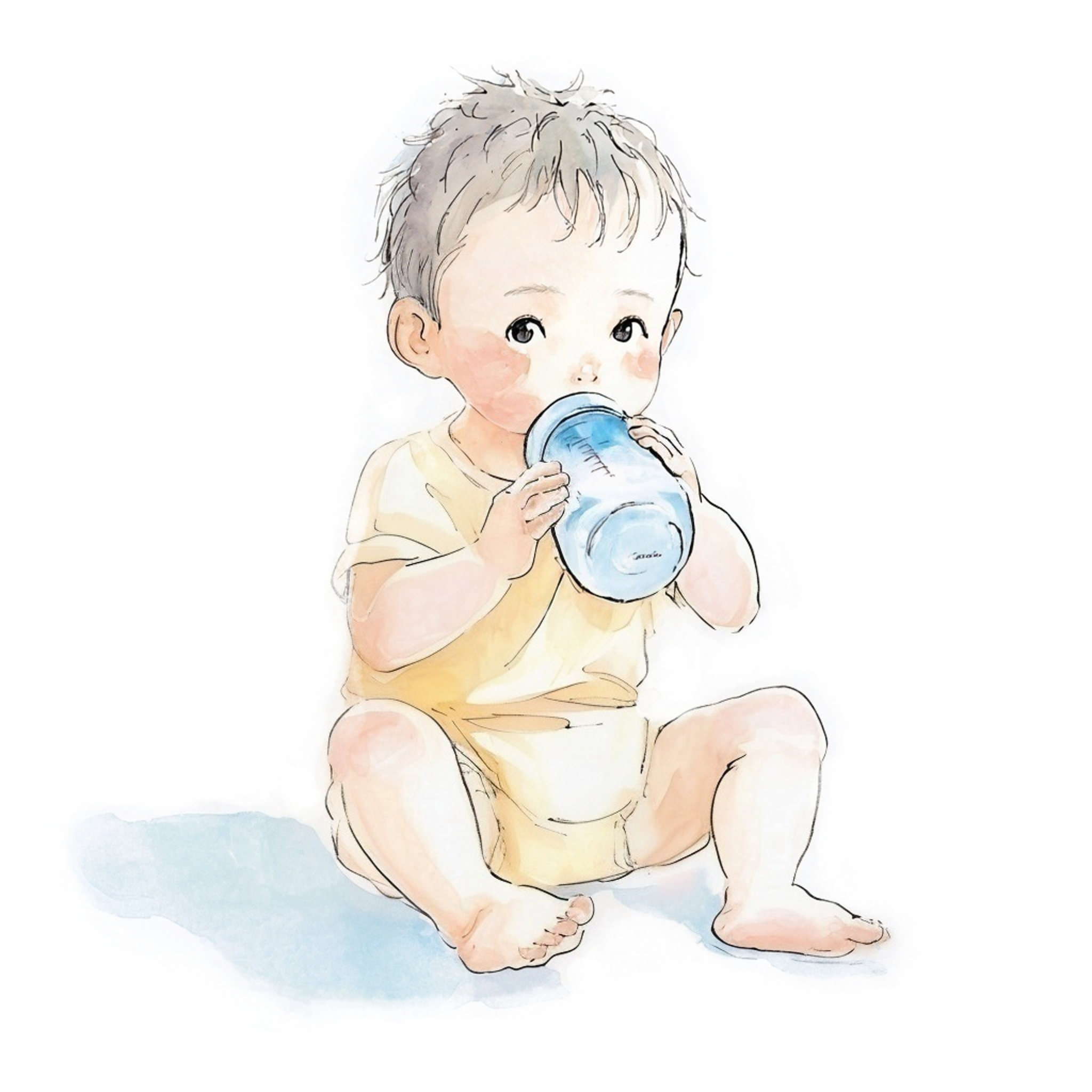 自分で哺乳瓶を持ちミルクを飲んでいる黄色いロンパースの赤ちゃんの水彩イラスト