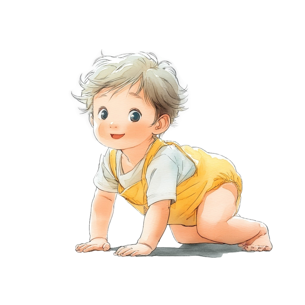 ハイハイしている黄色いロンパースを着た赤ちゃんの背景透過水彩イラスト
