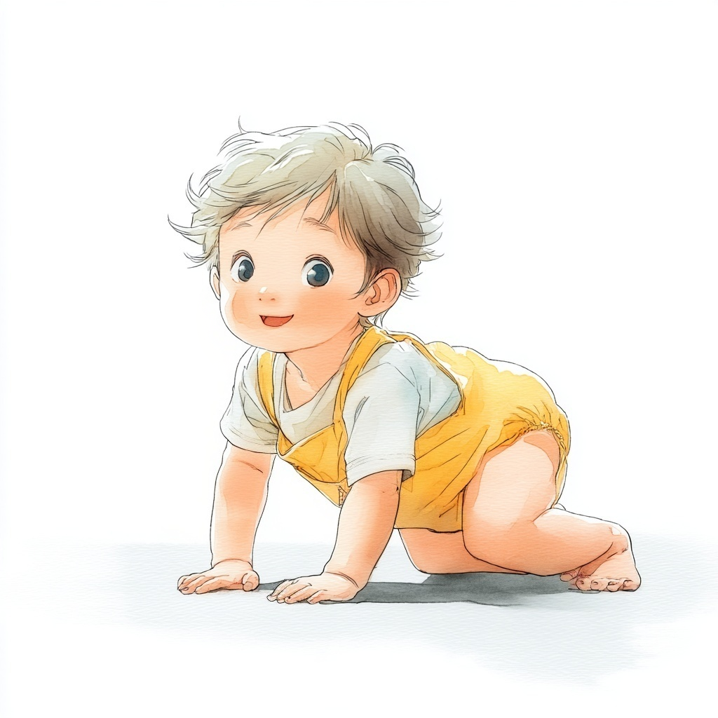 ハイハイしている黄色いロンパースを着た赤ちゃんの水彩イラスト