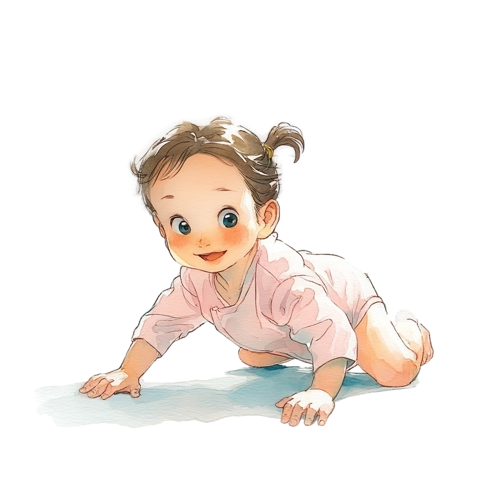 ハイハイしている薄ピンクのロンパースを着た二つぐくりの赤ちゃんの背景透過水彩イラスト