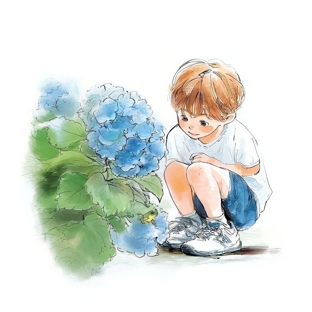 しゃがみこんで紫陽花の葉の上にいるカエルを見ている男の子の水彩イラスト