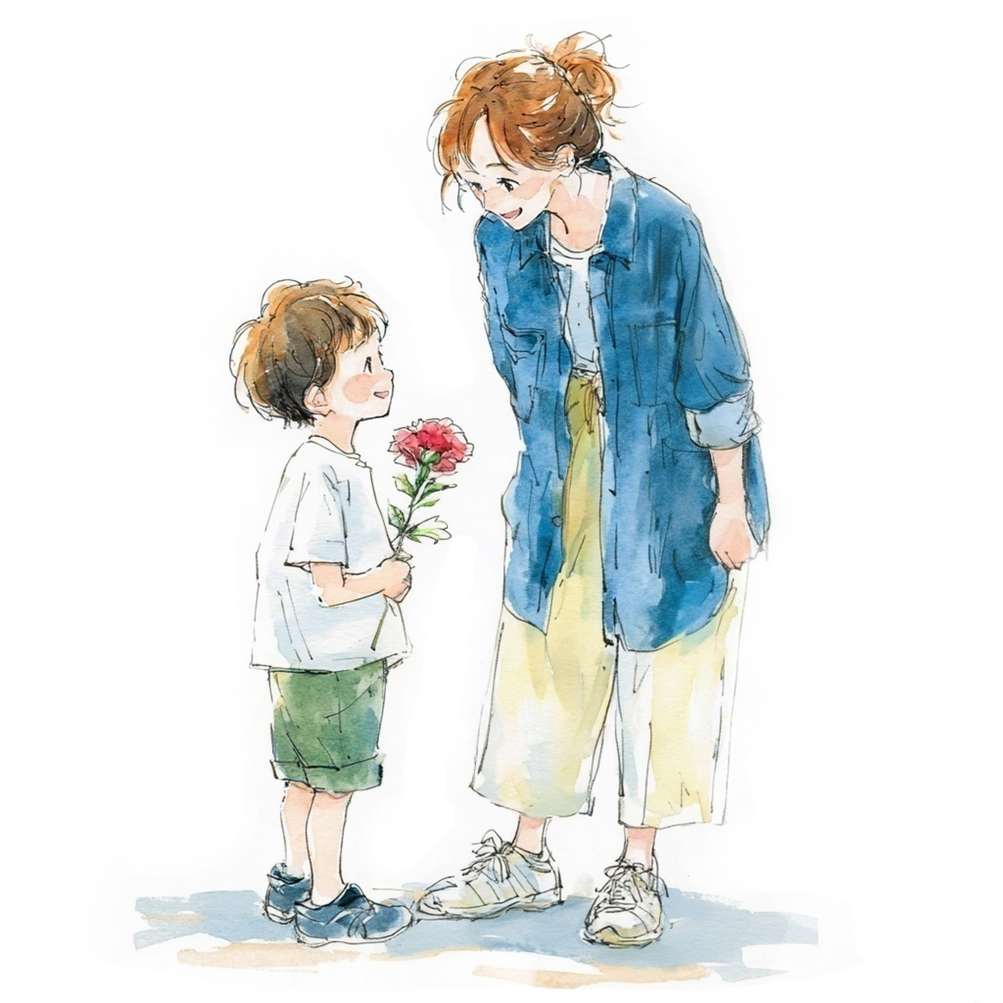 お母さんにカーネーションをプレゼントしている男の子の水彩イラスト