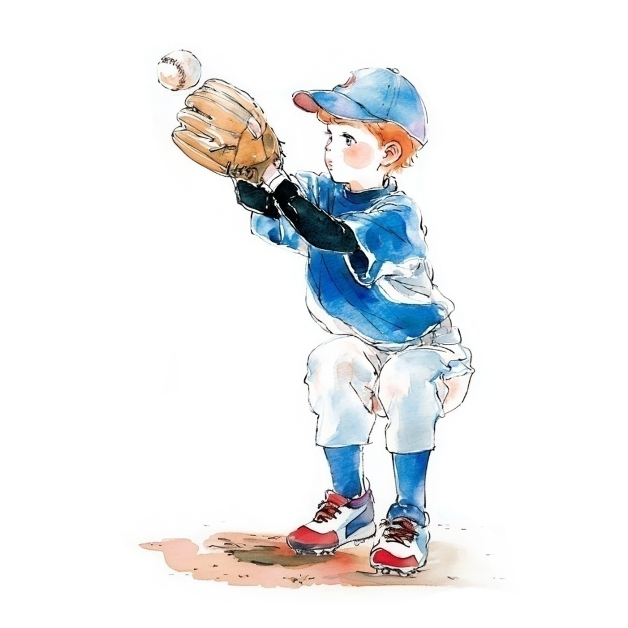 グローブで野球ボールをキャッチしようとしている少年の水彩イラスト