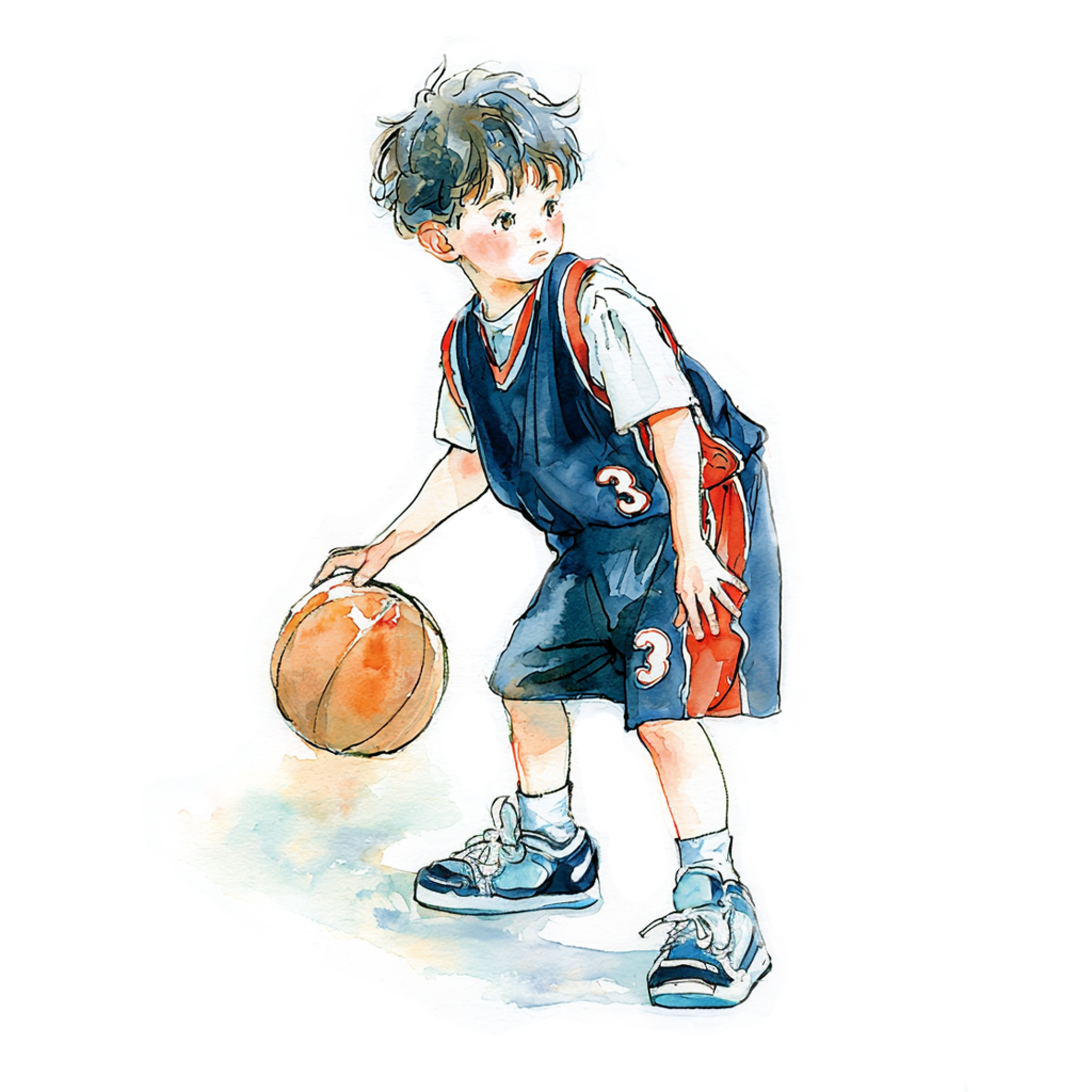 バスケットボールをしているネイビーと赤のユニフォームを着た男の子の水彩イラスト