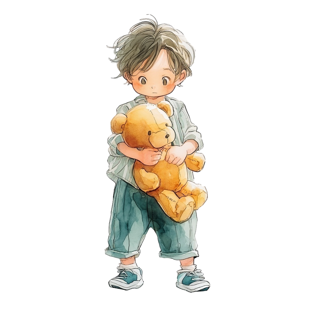 クマのぬいぐるみをかかえているストライプシャツを着た男の子の背景透過水彩イラスト