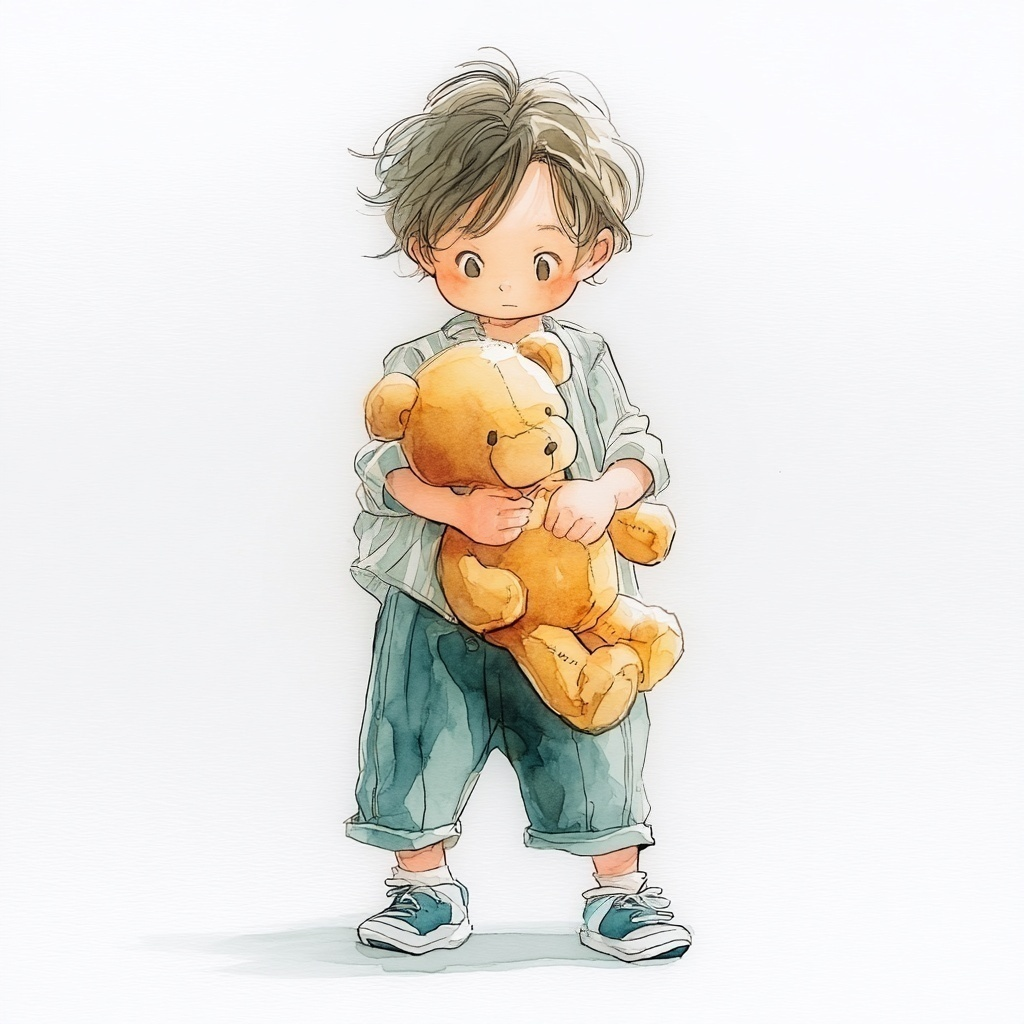 クマのぬいぐるみをかかえているストライプシャツを着た男の子の水彩イラスト