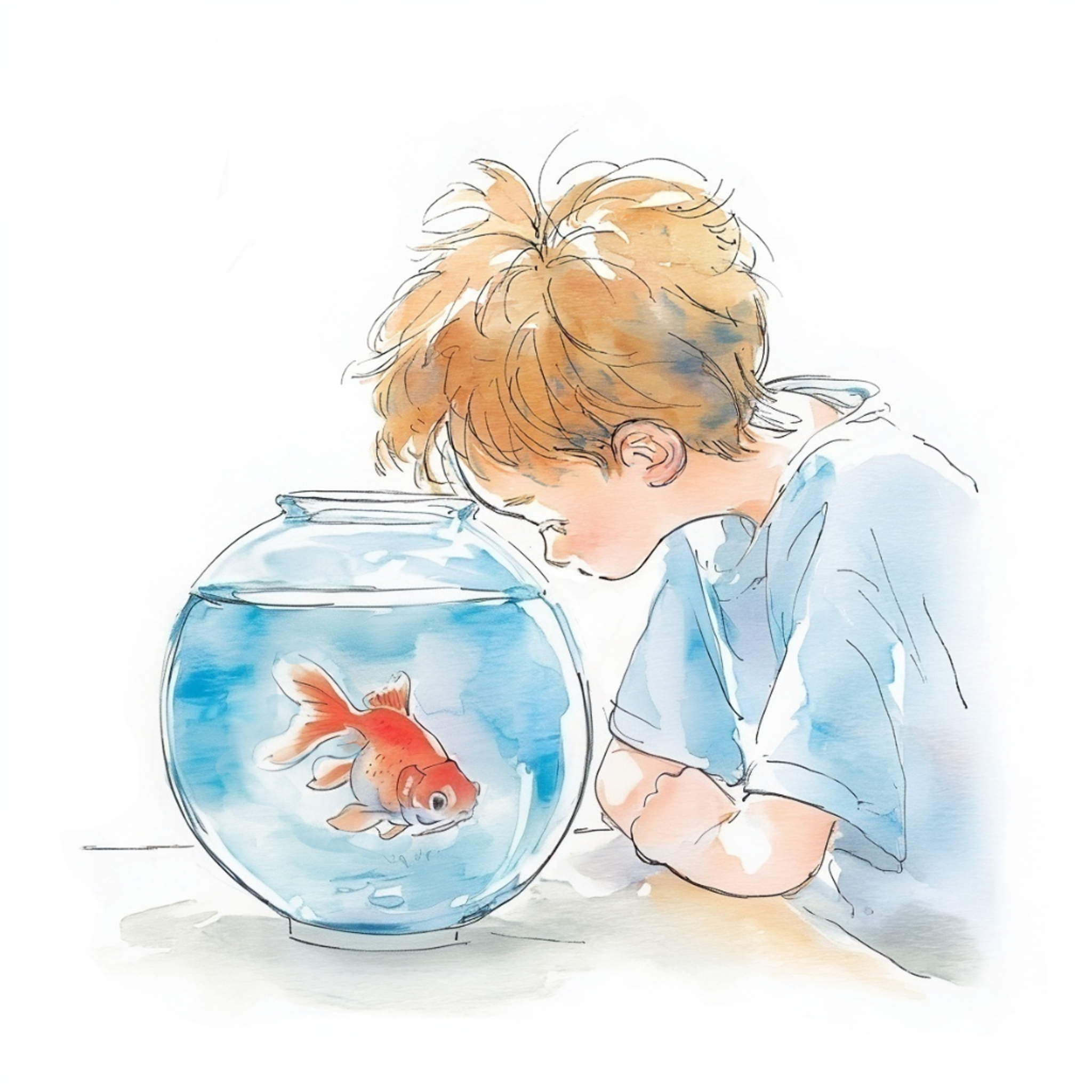 ガラスの金魚鉢をのぞき込んでいる少年の水彩イラスト