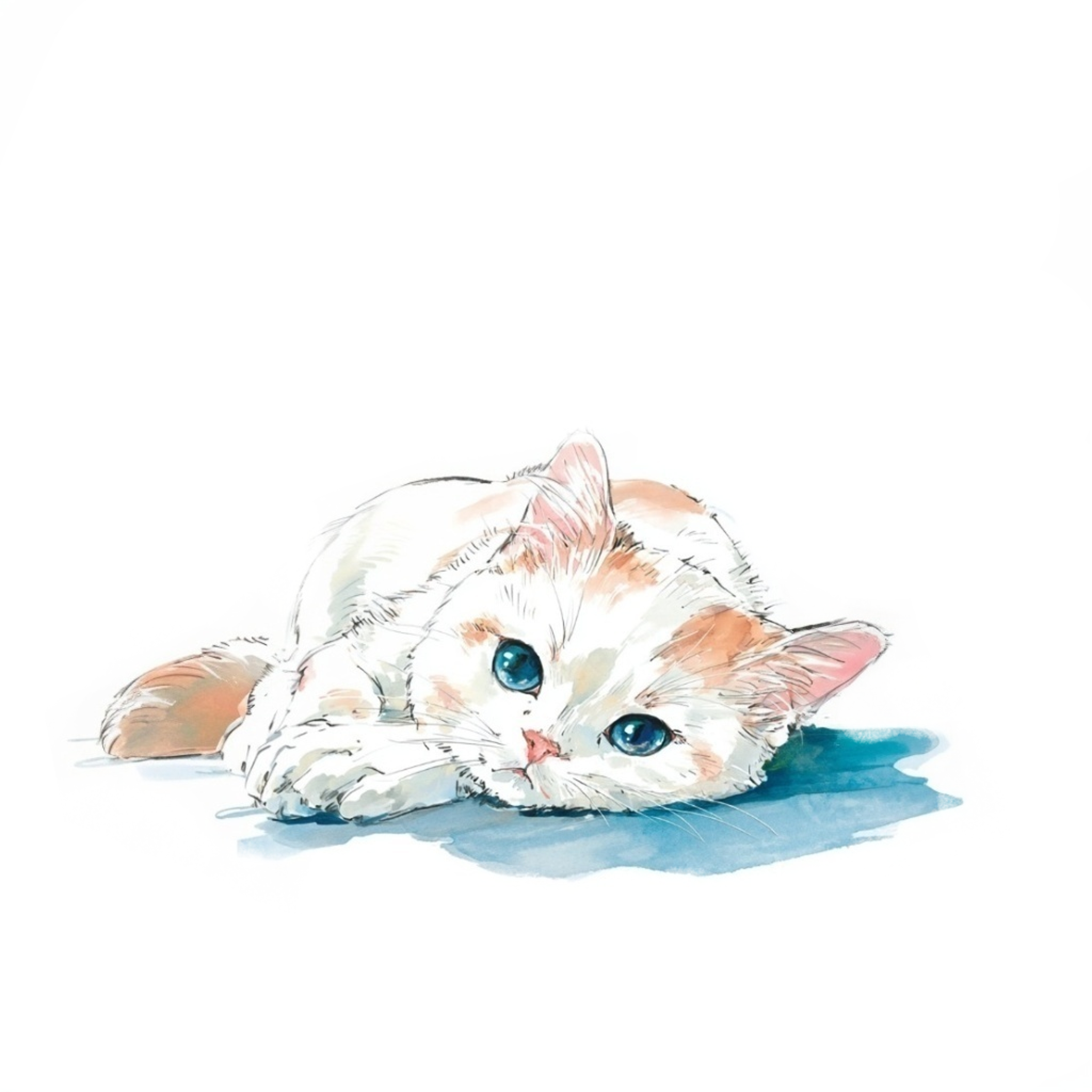 床に横になっている猫の水彩イラスト