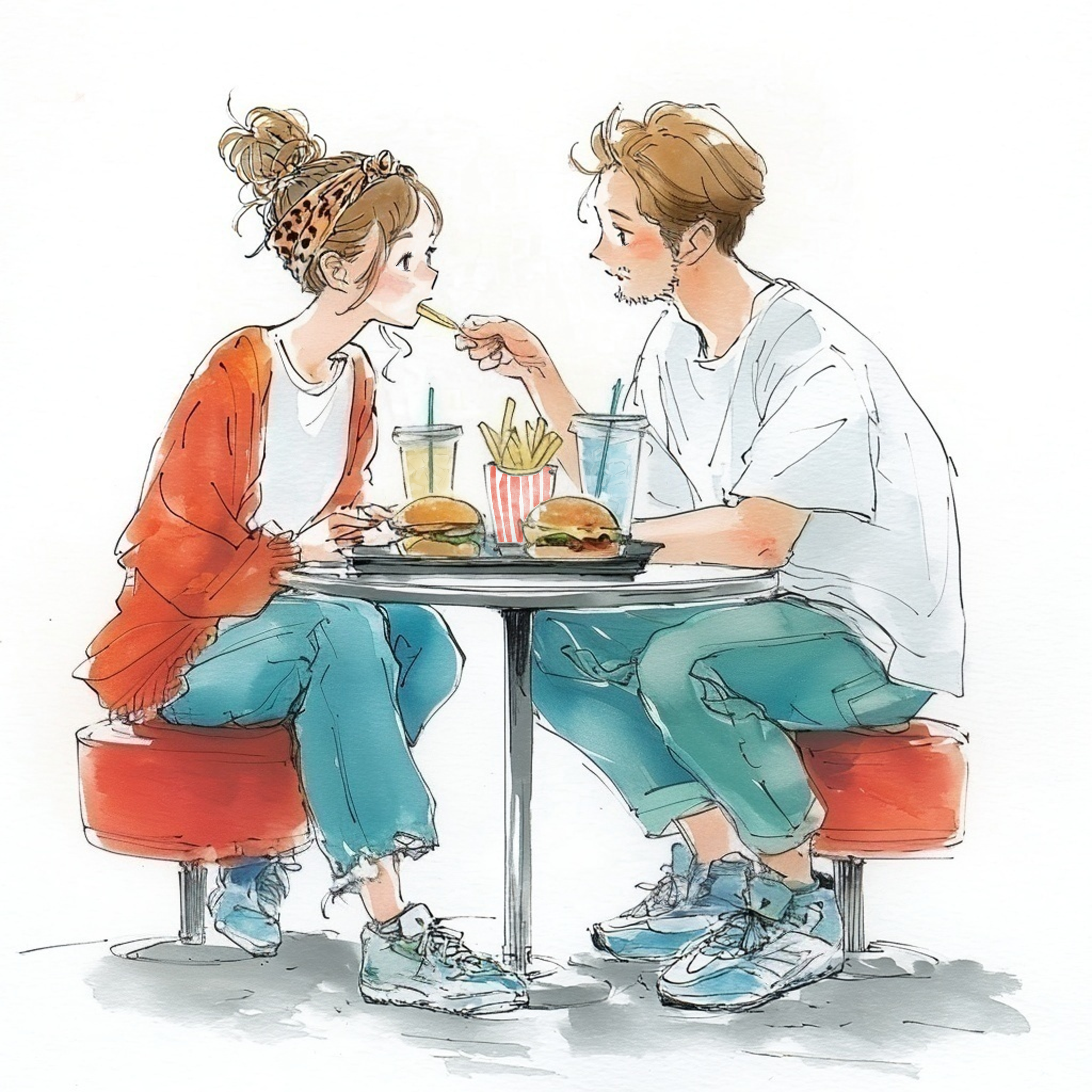 ダイナーの赤いスツールに座りフライドポテトを食べているカップルの水彩イラスト