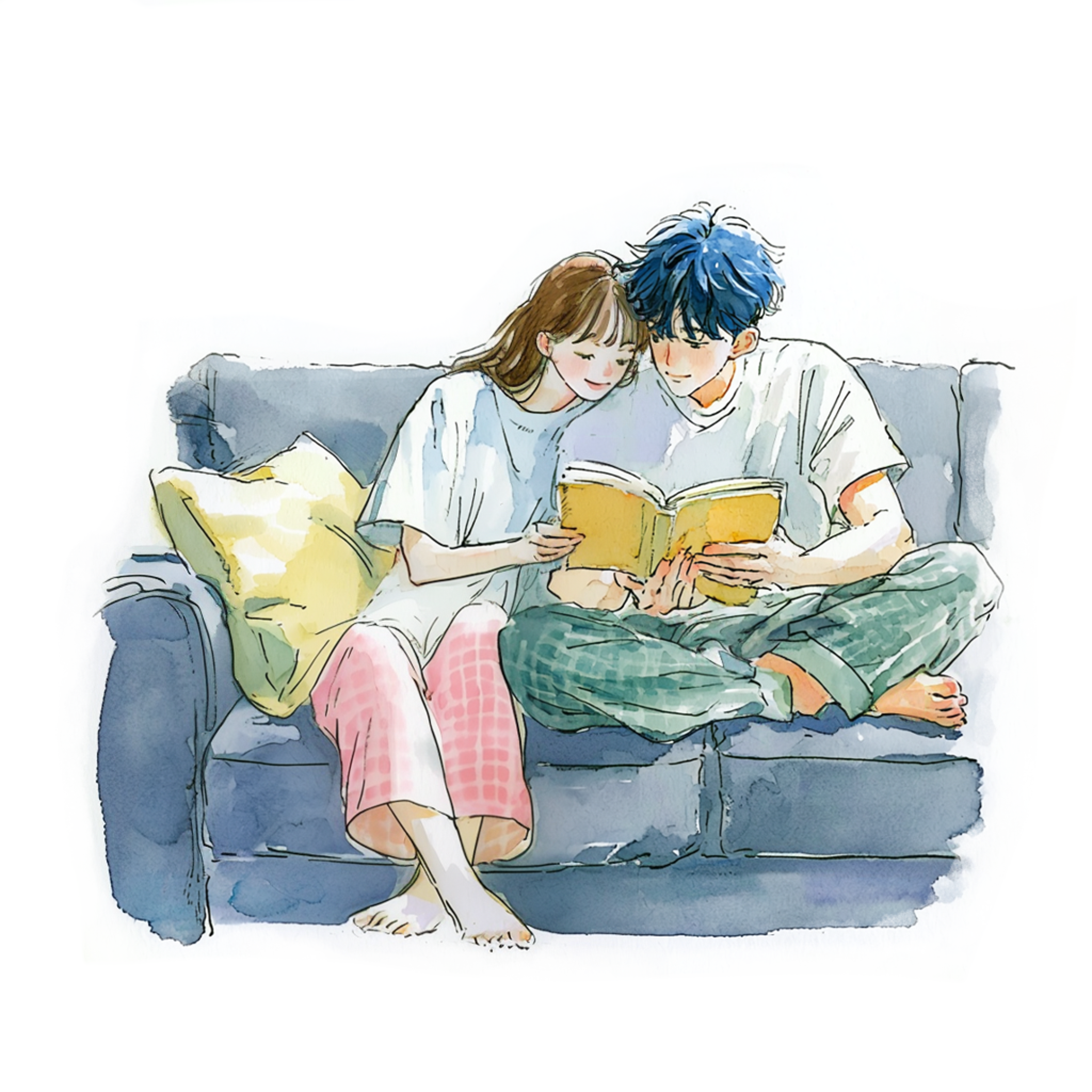 ソファに座って一冊の本を読んでいるカップルの水彩イラスト