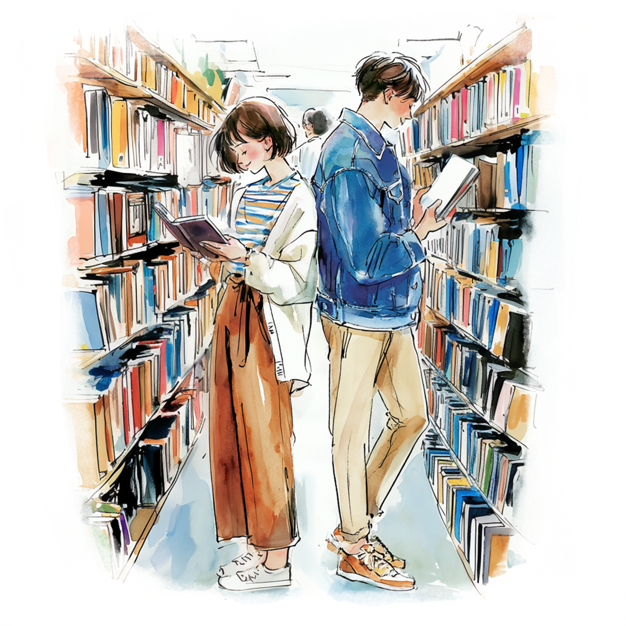 本屋で背中合わせで本を読んでいるカップルの水彩イラスト