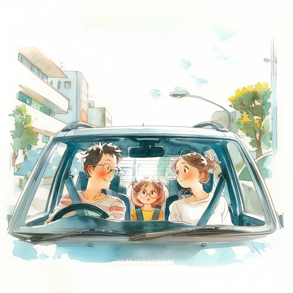 車で街をドライブしている両親と小さな娘の水彩イラスト