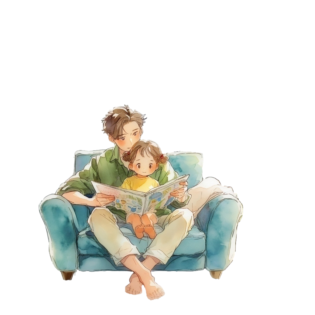 娘を自分の足の間に座らせてソファで絵本を読んであげる父親の背景透過水彩イラスト