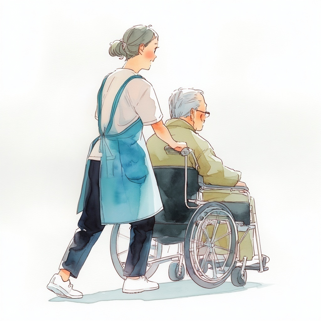高齢男性の車椅子を押している介護士の女性の水彩イラスト