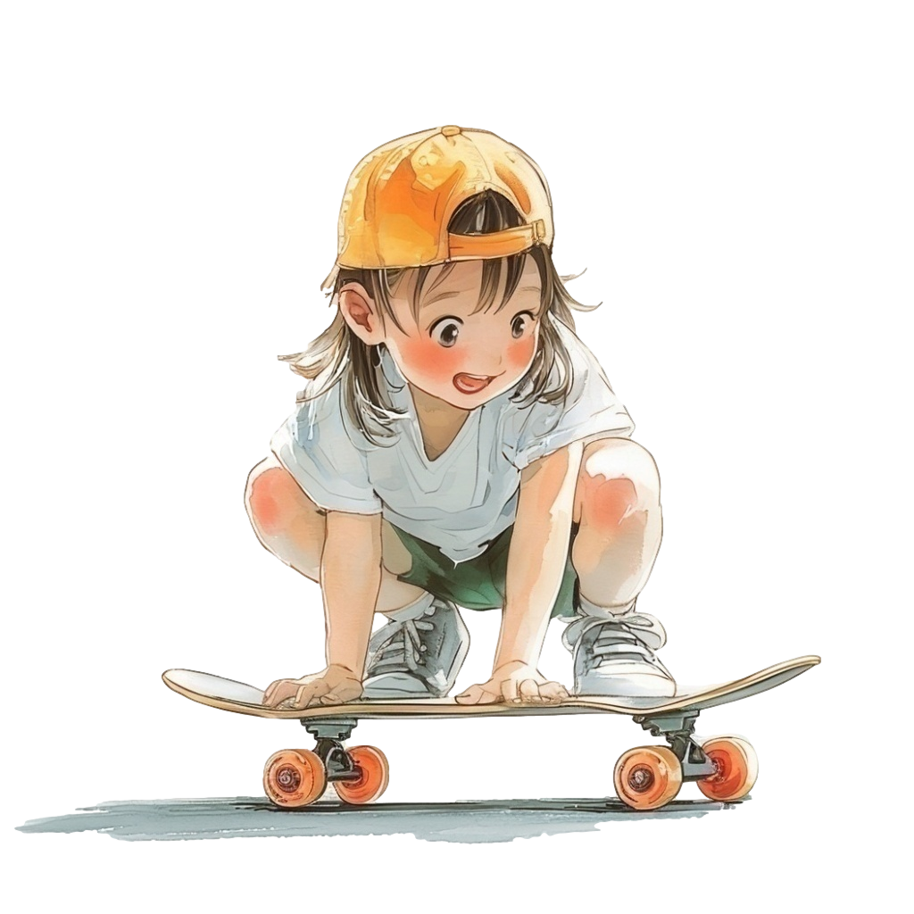 両手をつきながら恐る恐るスケートボードに乗っている女の子の背景透過水彩イラスト