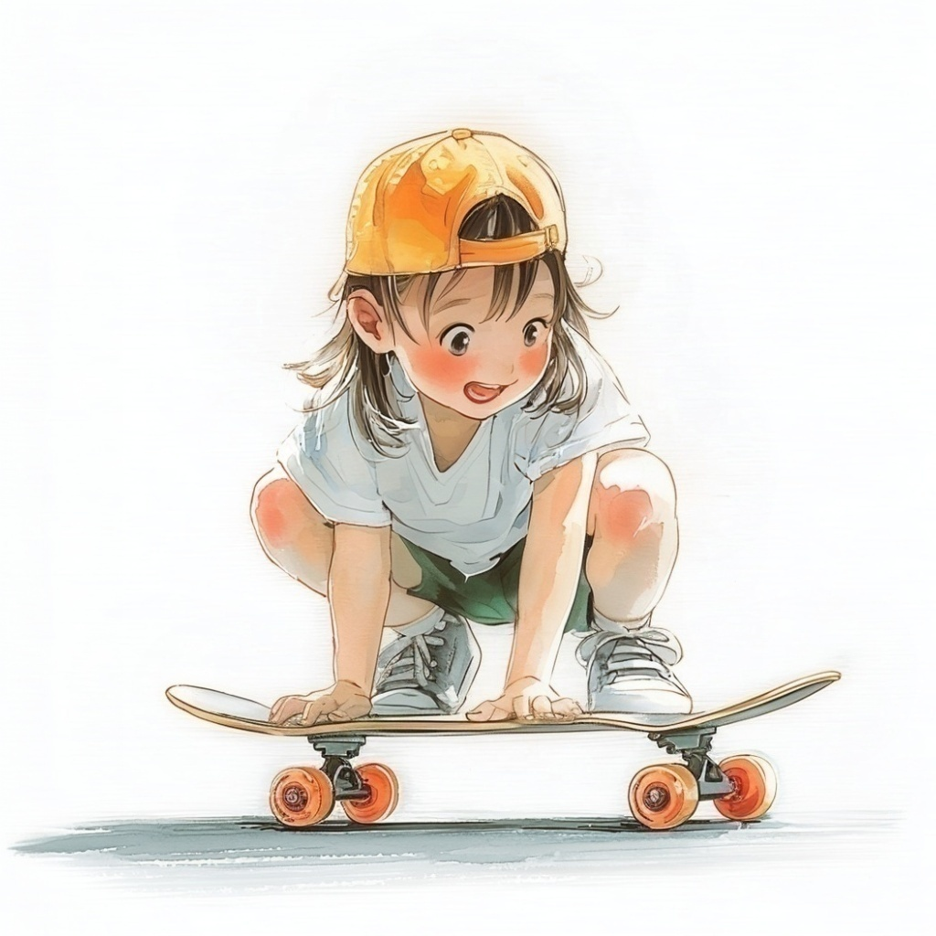 両手をつきながら恐る恐るスケートボードに乗っている女の子の水彩イラスト