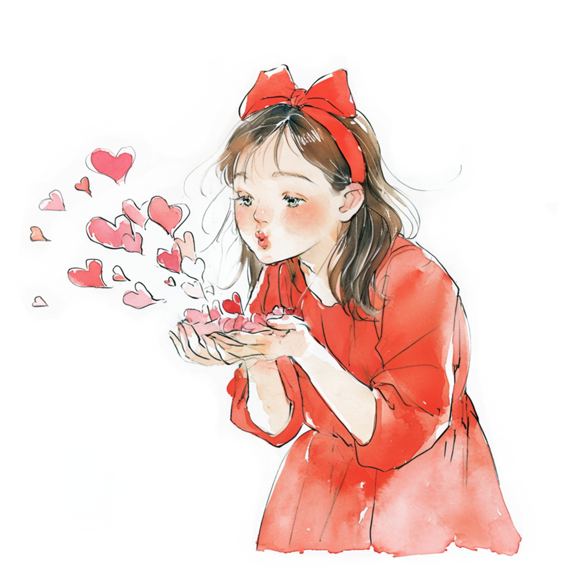 色とりどりのハートを吹き飛ばしている女の子の水彩イラスト