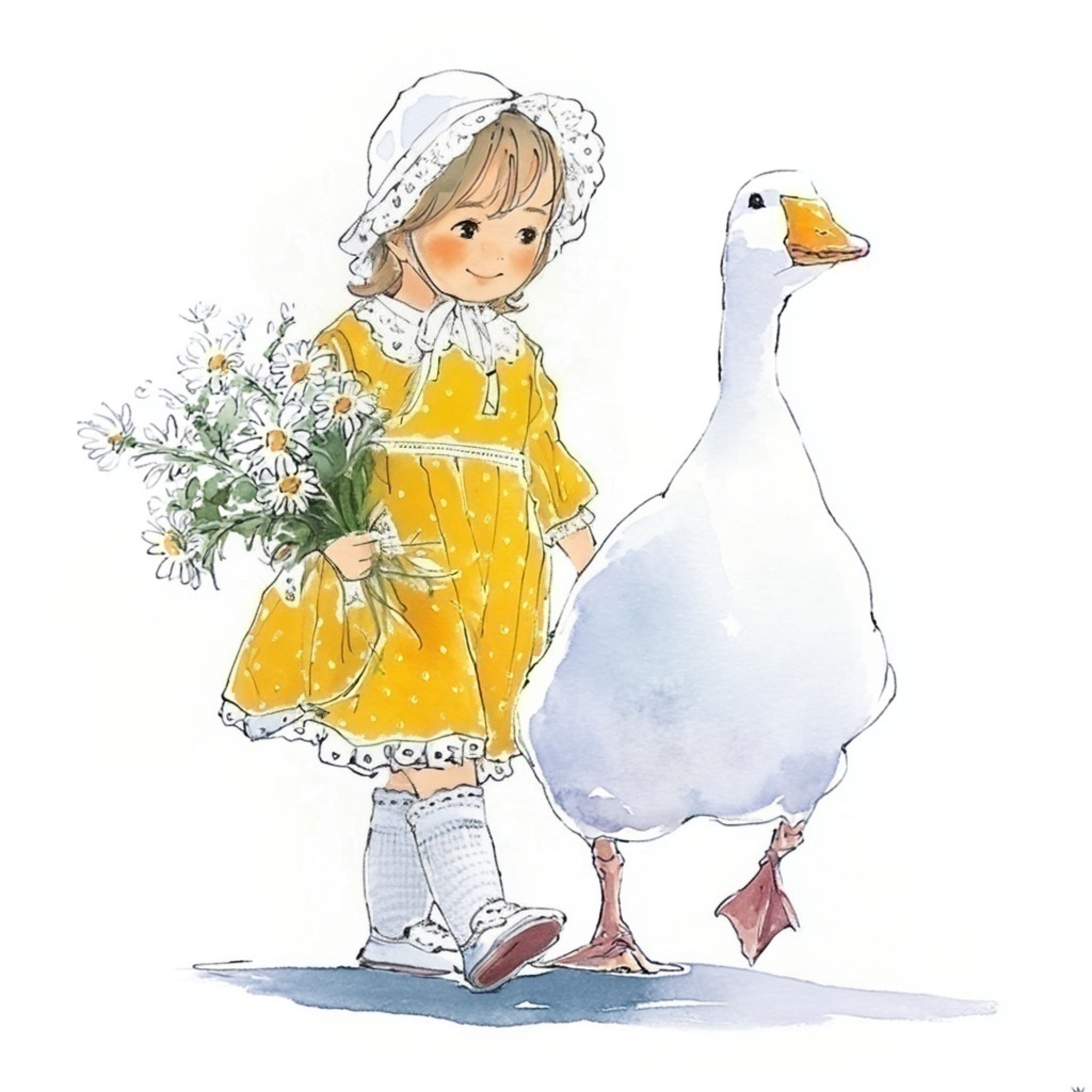 デイジーの花を抱えてアヒルと並んで歩く黄色いワンピースの女の子の水彩イラスト