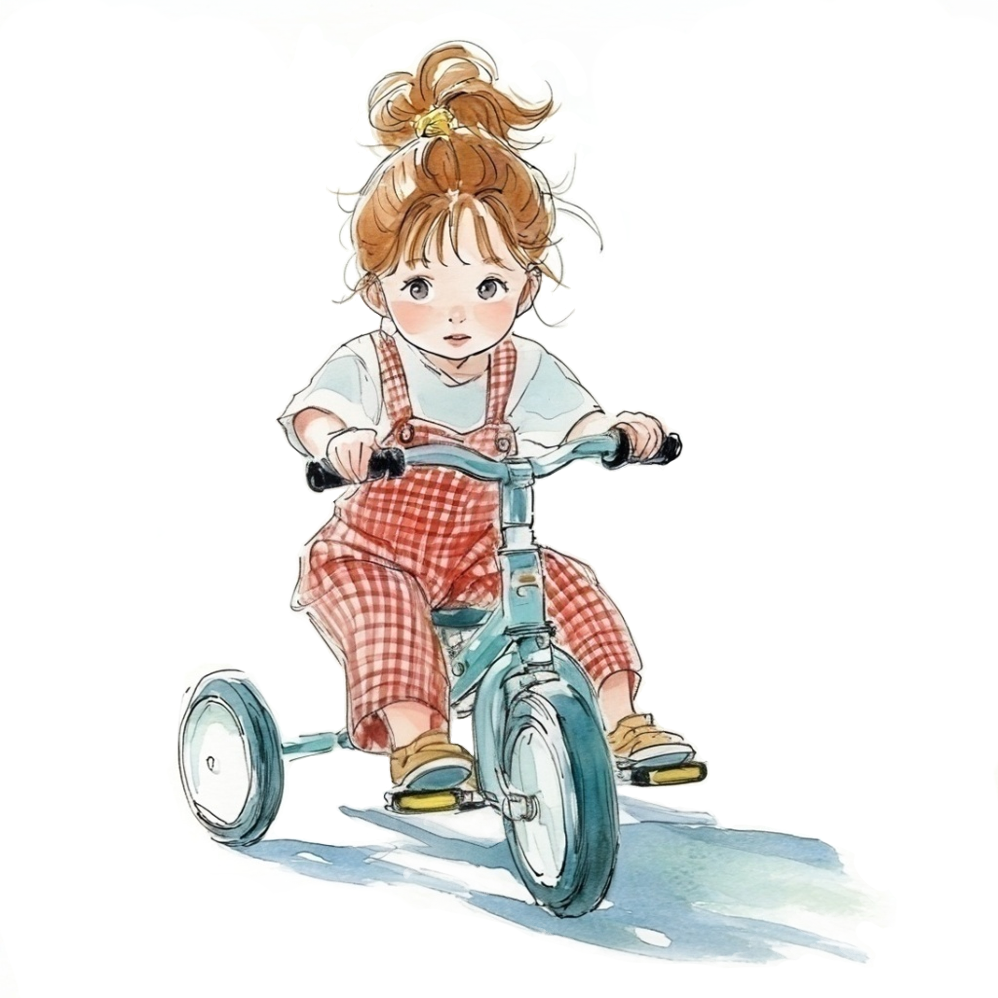 三輪車に乗っている赤いギンガムチェックのオーバーオールを着た小さな女の子の水彩イラスト