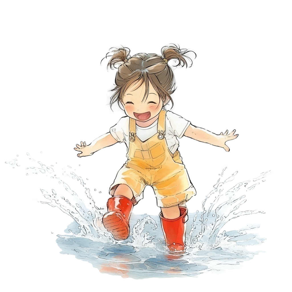 水たまりを蹴り上げて水しぶきをあげて楽しそうにしている赤い長靴をはいた女の子の背景透過水彩イラスト