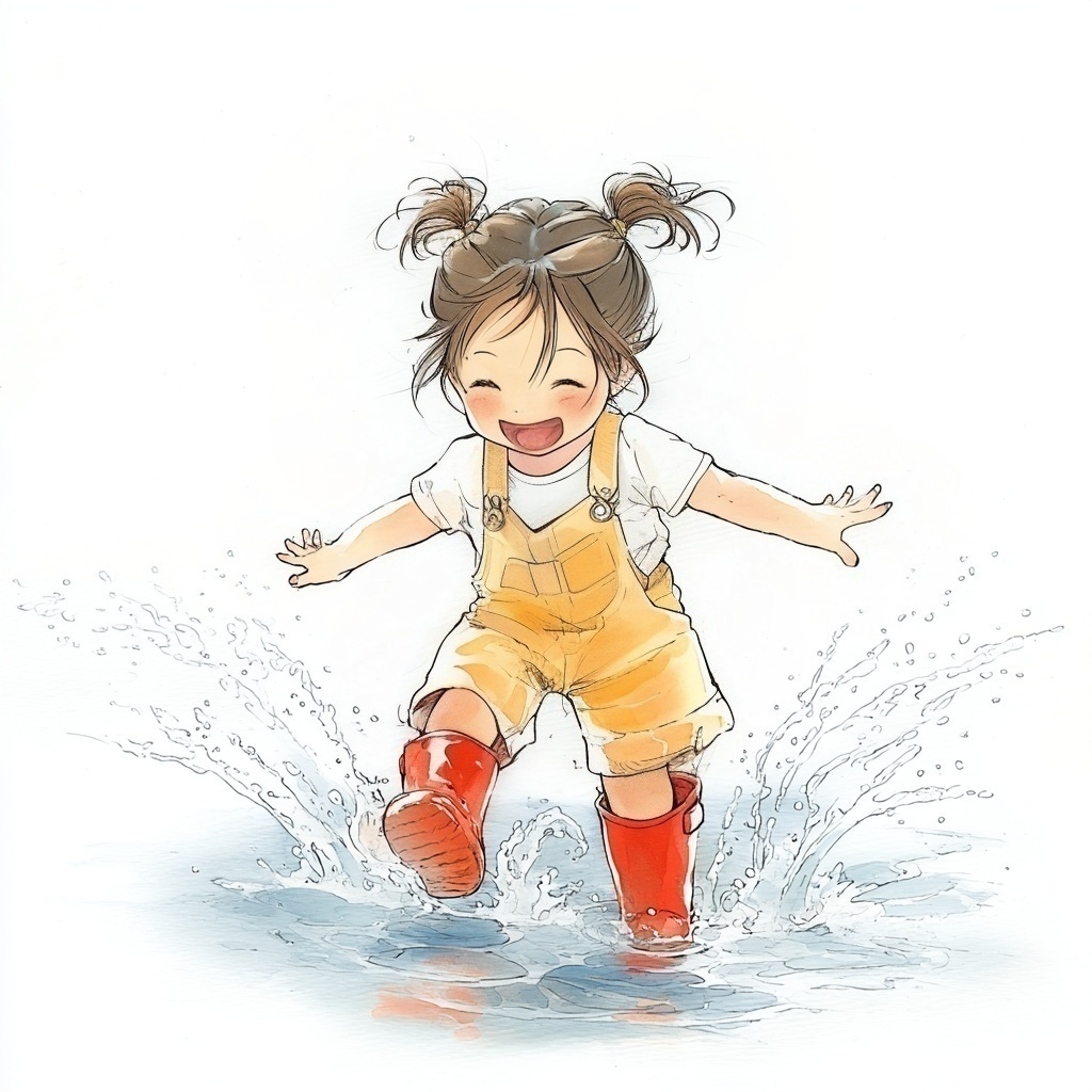 水たまりを蹴り上げて水しぶきをあげて楽しそうにしている赤い長靴をはいた女の子の水彩イラスト