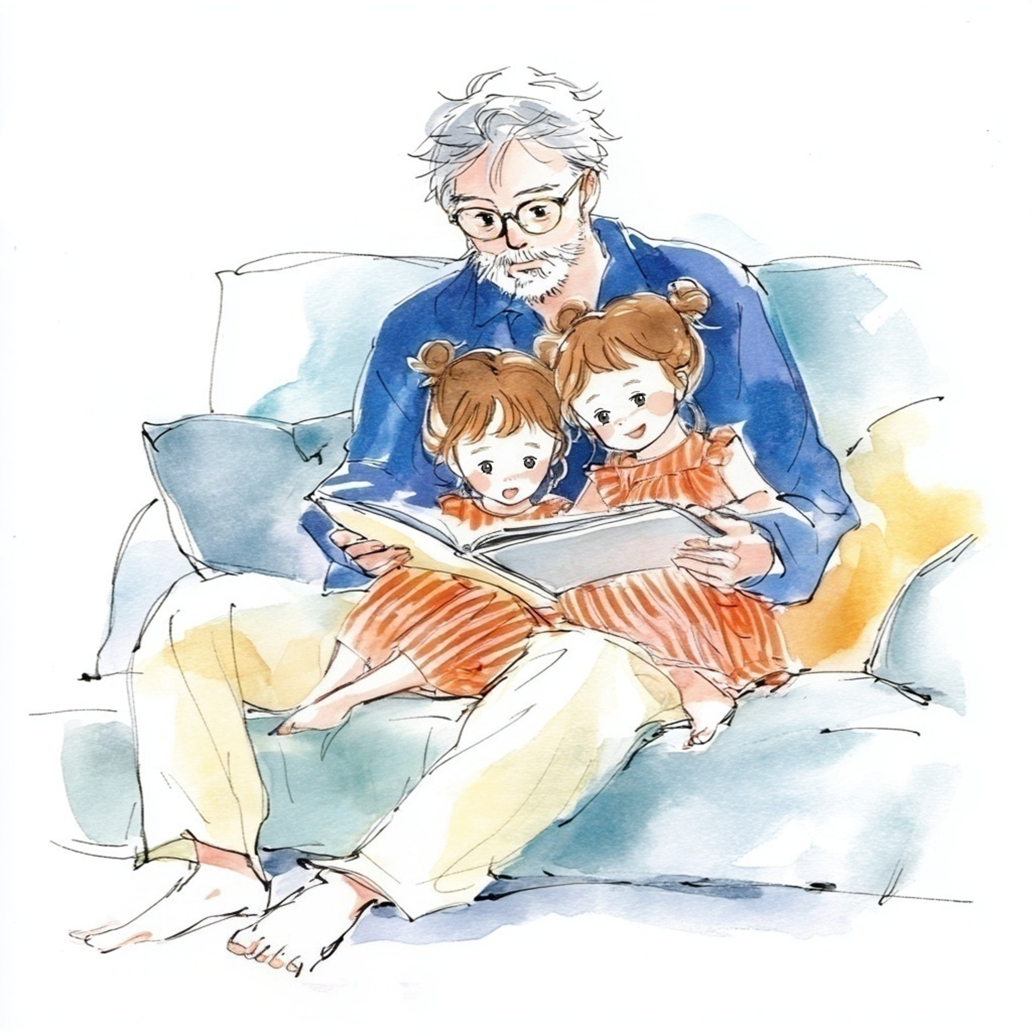 ソファに座り孫たちに絵本を読んであげているおじいちゃんの水彩イラスト