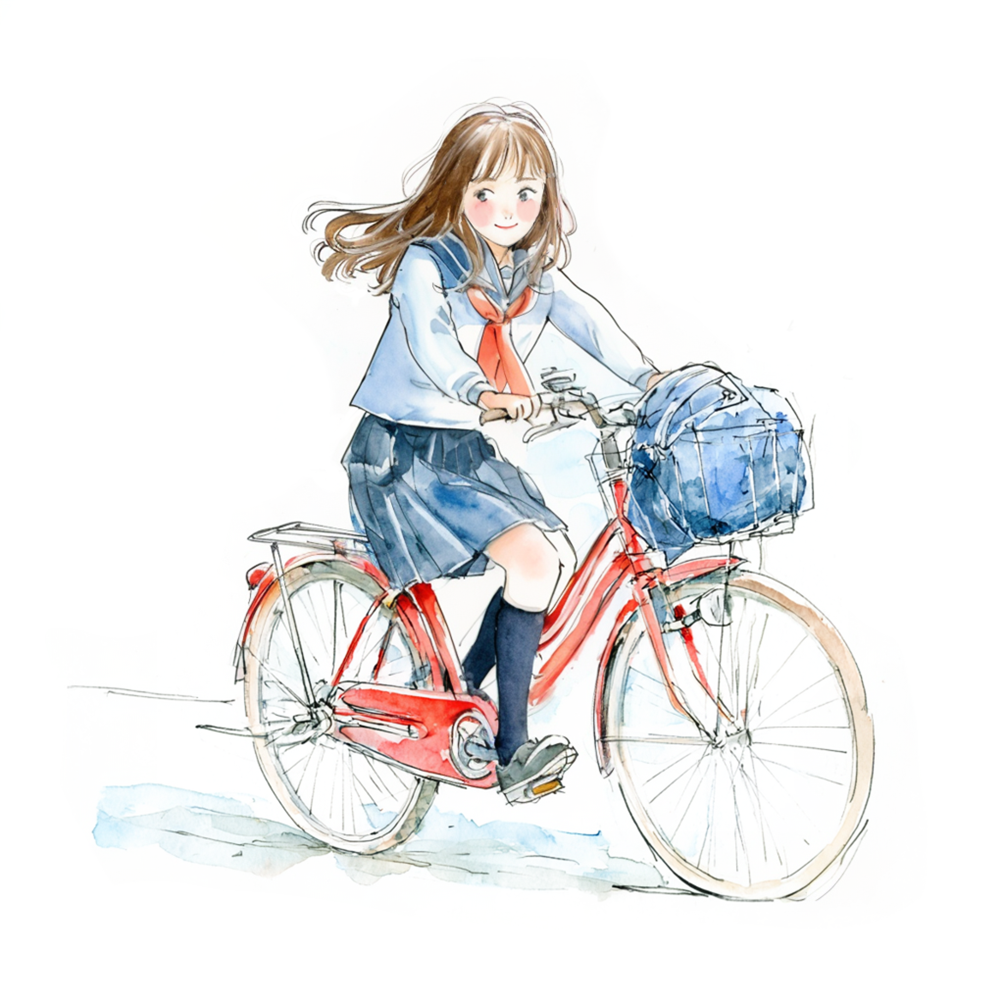 赤い自転車に乗っているセーラー服の女子高生の水彩イラスト