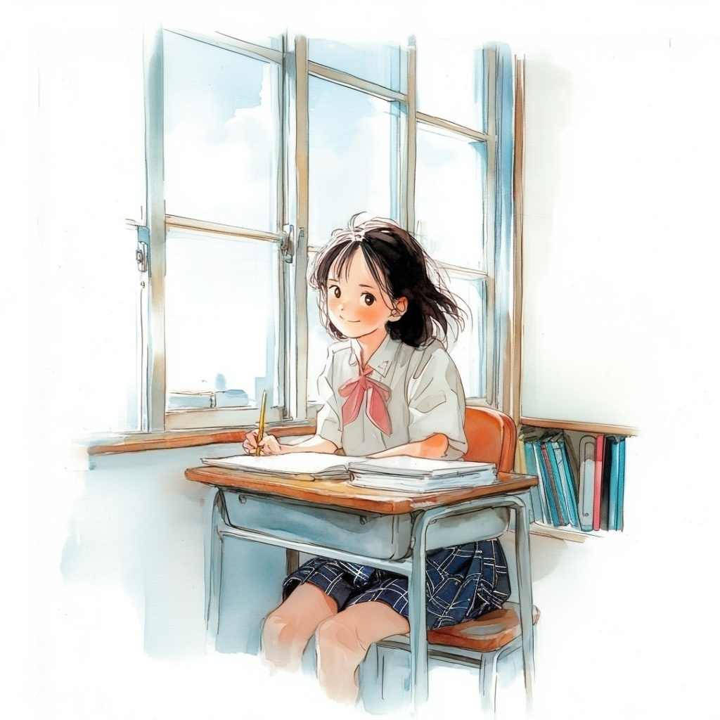 教室の窓側の一番後ろの席に座って勉強しているピンクのリボンタイをつけた女子高生の水彩イラスト