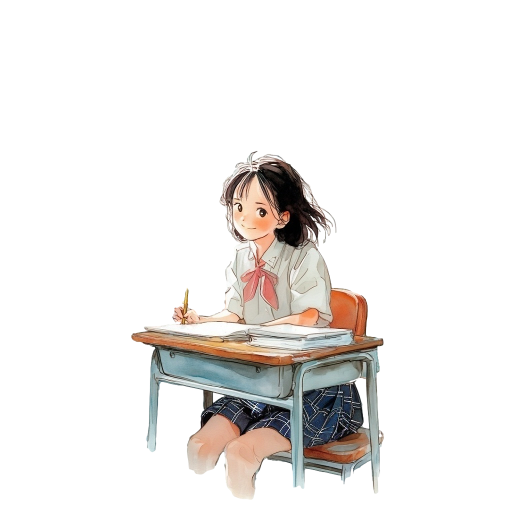 教室で勉強しているピンクのリボンタイの女子高生の背景透過水彩イラスト