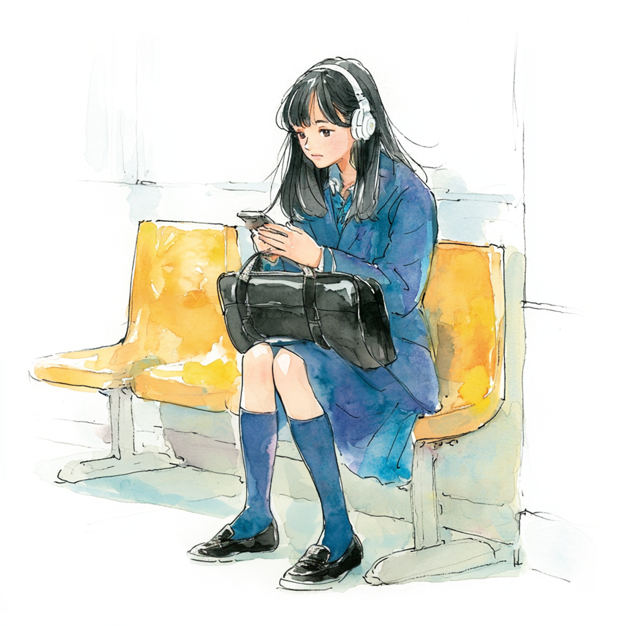 黄色のベンチに座ってヘッドフォンで音楽を聴いている制服姿の女子高生の水彩イラスト