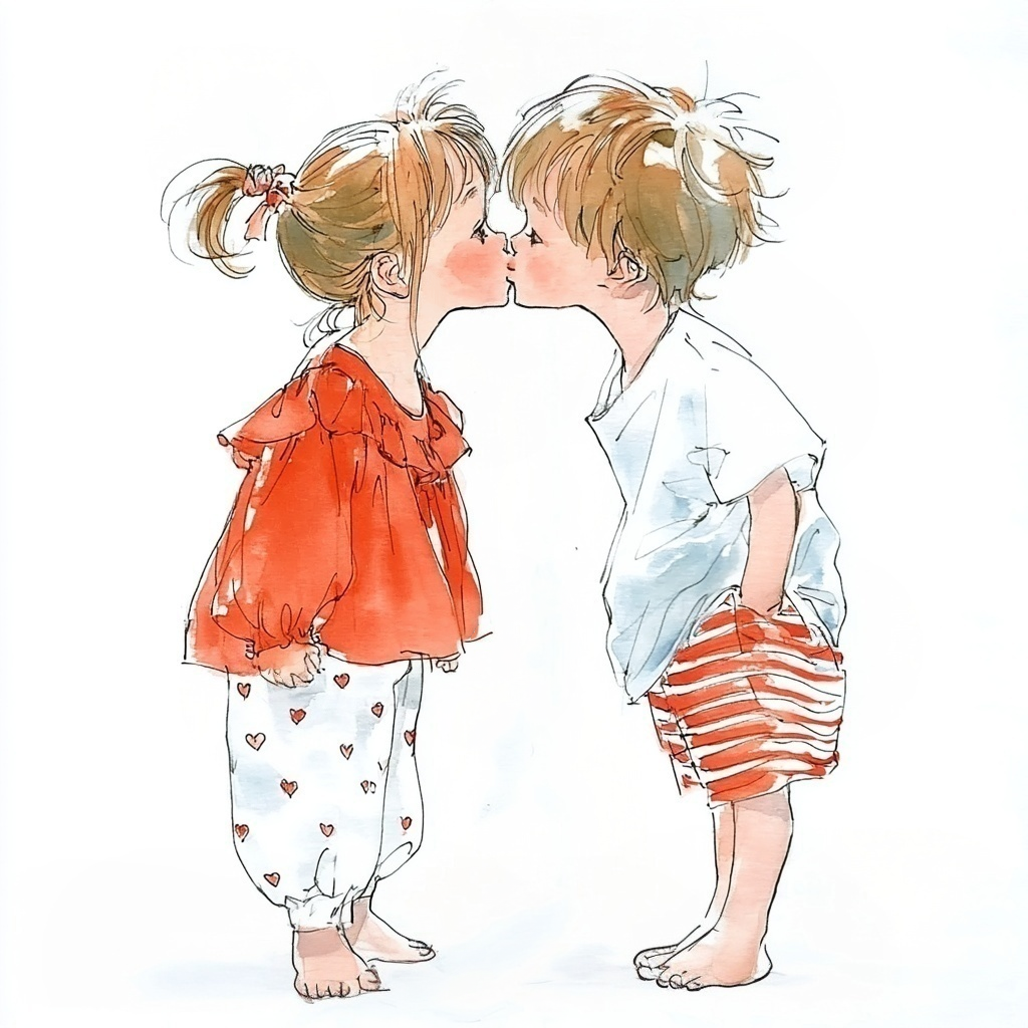 キスをしている赤い服を着た小さな男の子と女の子の水彩イラスト