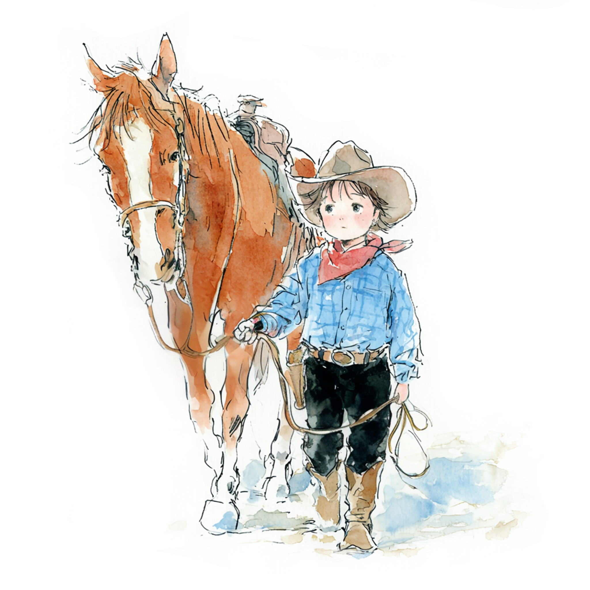 鞍をつけた馬を引いているカウボーイの格好をした小さな男の子の水彩イラスト