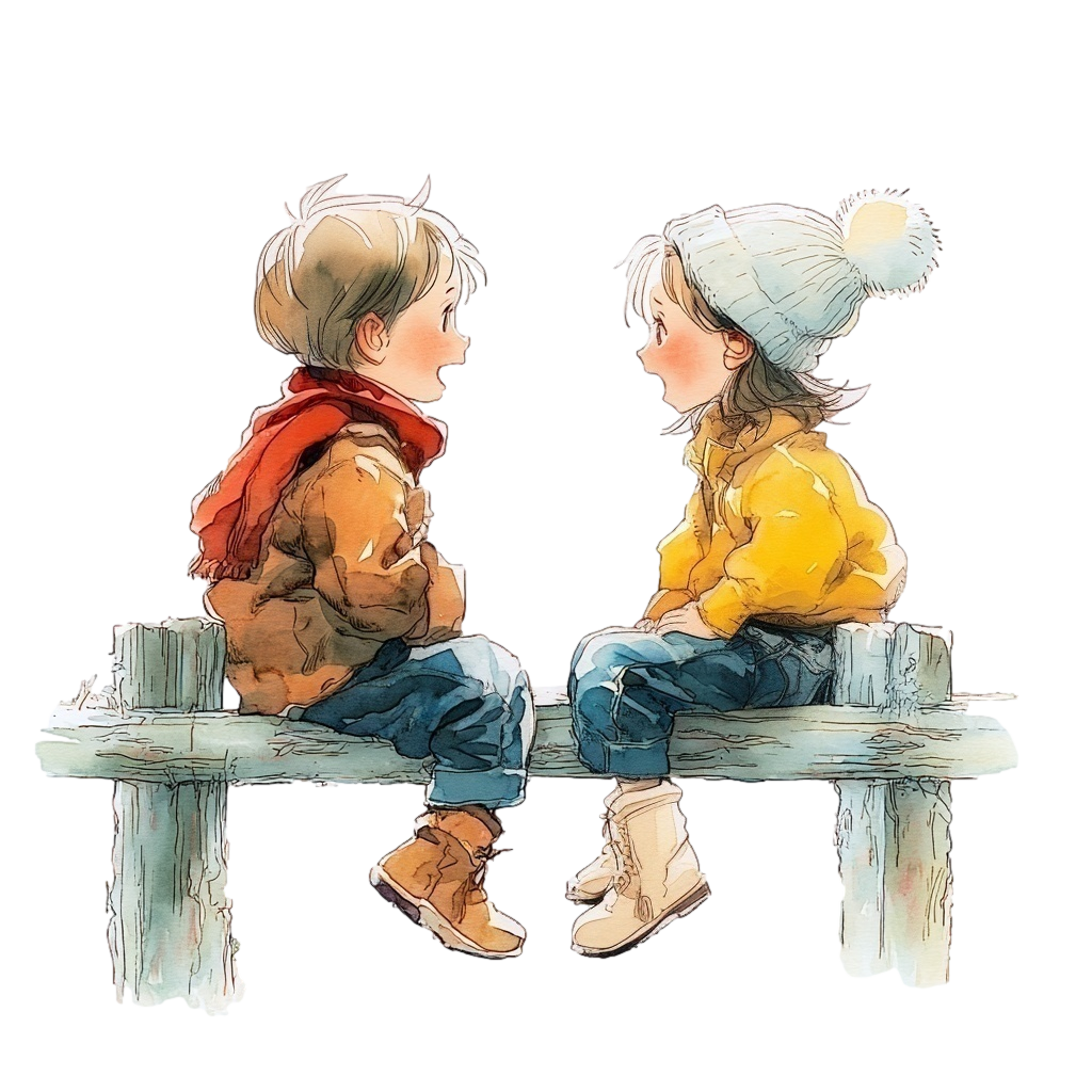 木の柵の上に座っておしゃべりをしている赤いマフラーの小さな男の子と白いニット帽の小さな女の子の背景透過水彩イラスト