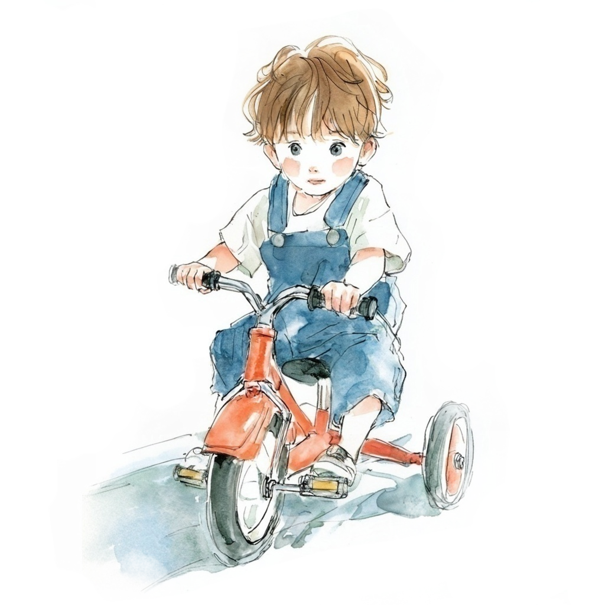 赤い三輪車に乗っているオーバーオールを着た男の子の水彩イラスト