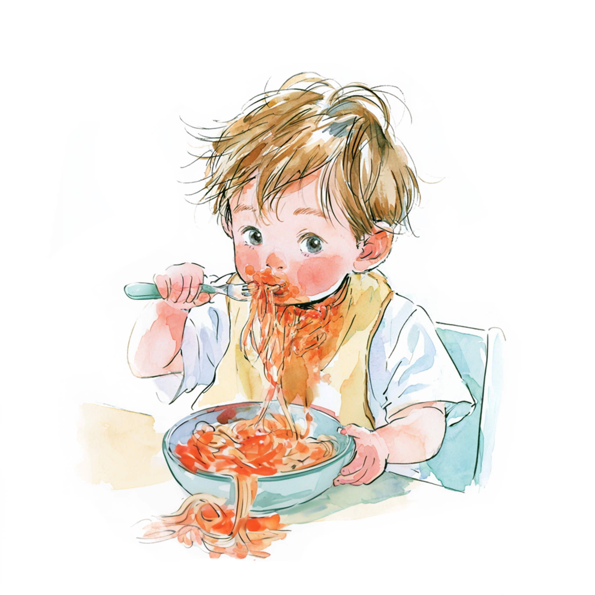 エプロンや口のまわりをを汚しながらトマトスパゲッティを食べている小さな男の子の水彩イラスト