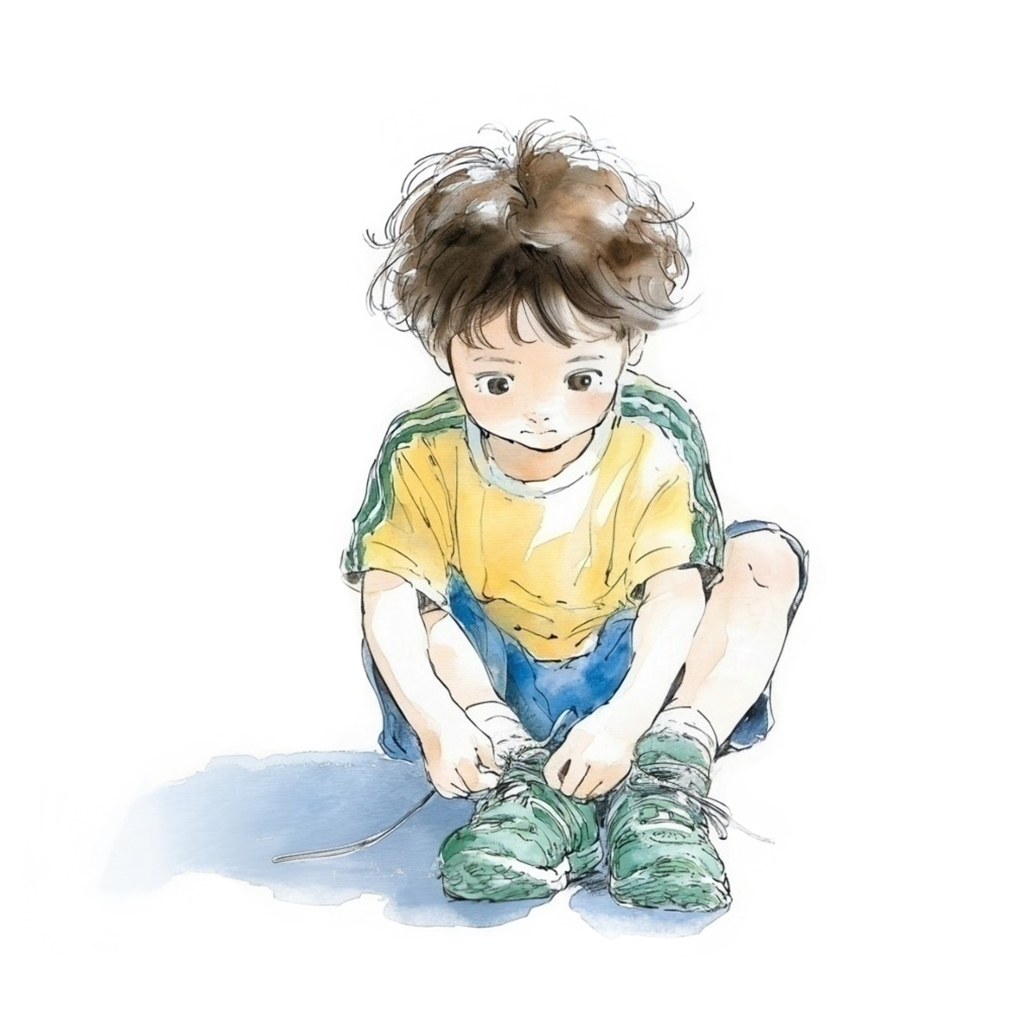 靴紐を結んでいる男の子の水彩イラスト