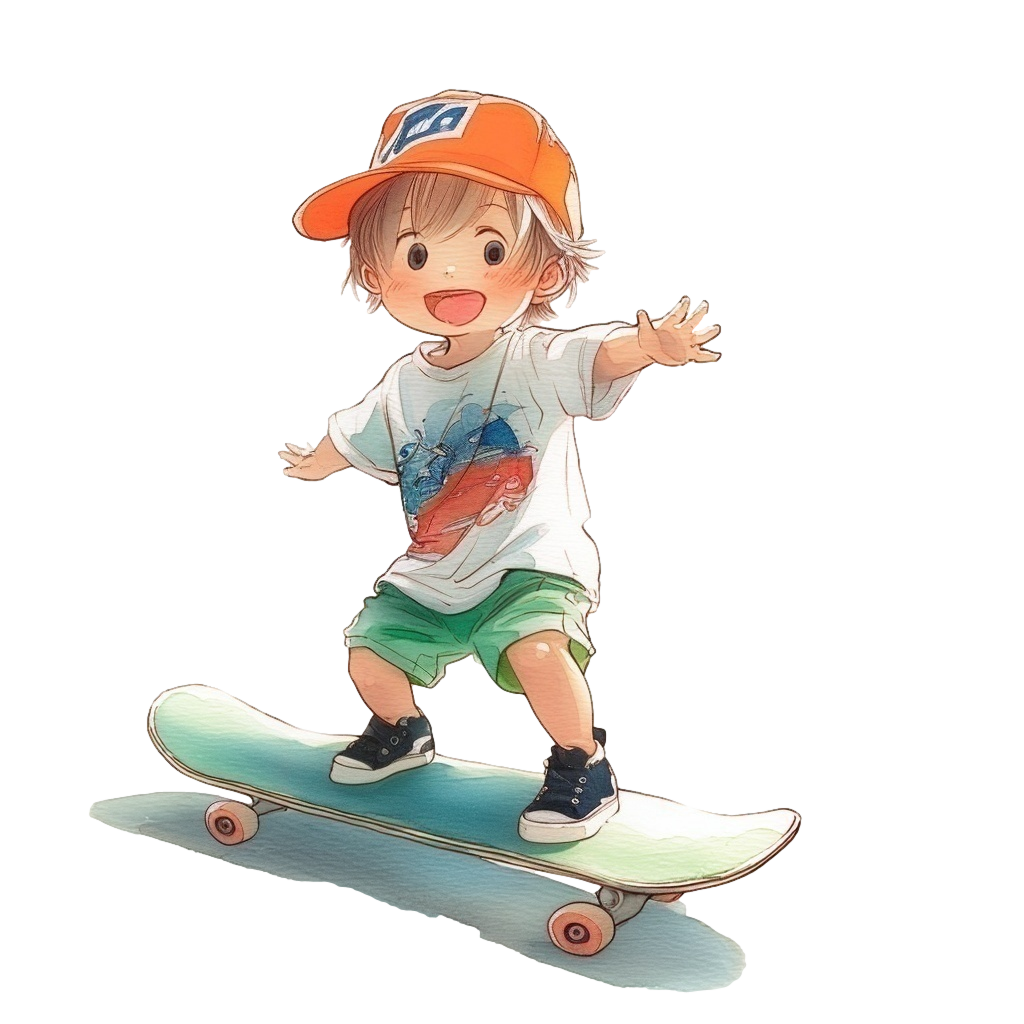 スケートボードの上で笑顔で両手を広げて立っている小さな男の子の背景削除水彩イラスト