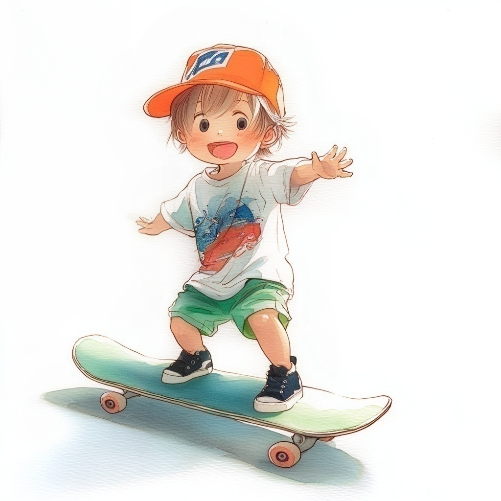 スケートボードの上で笑顔で両手を広げて立っている小さな男の子の水彩イラスト