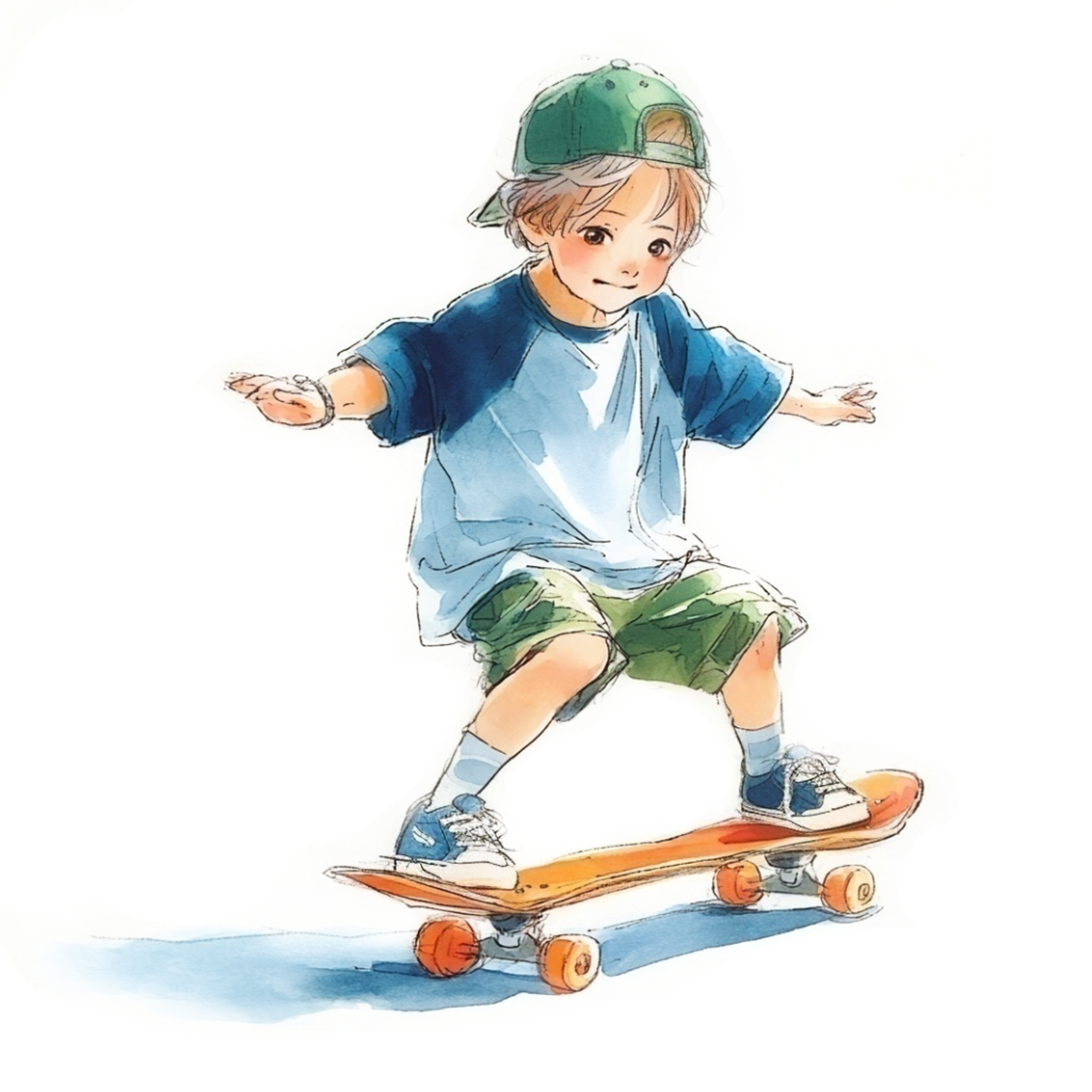 両手を広げてスケートボードに乗っている男の子の水彩イラスト