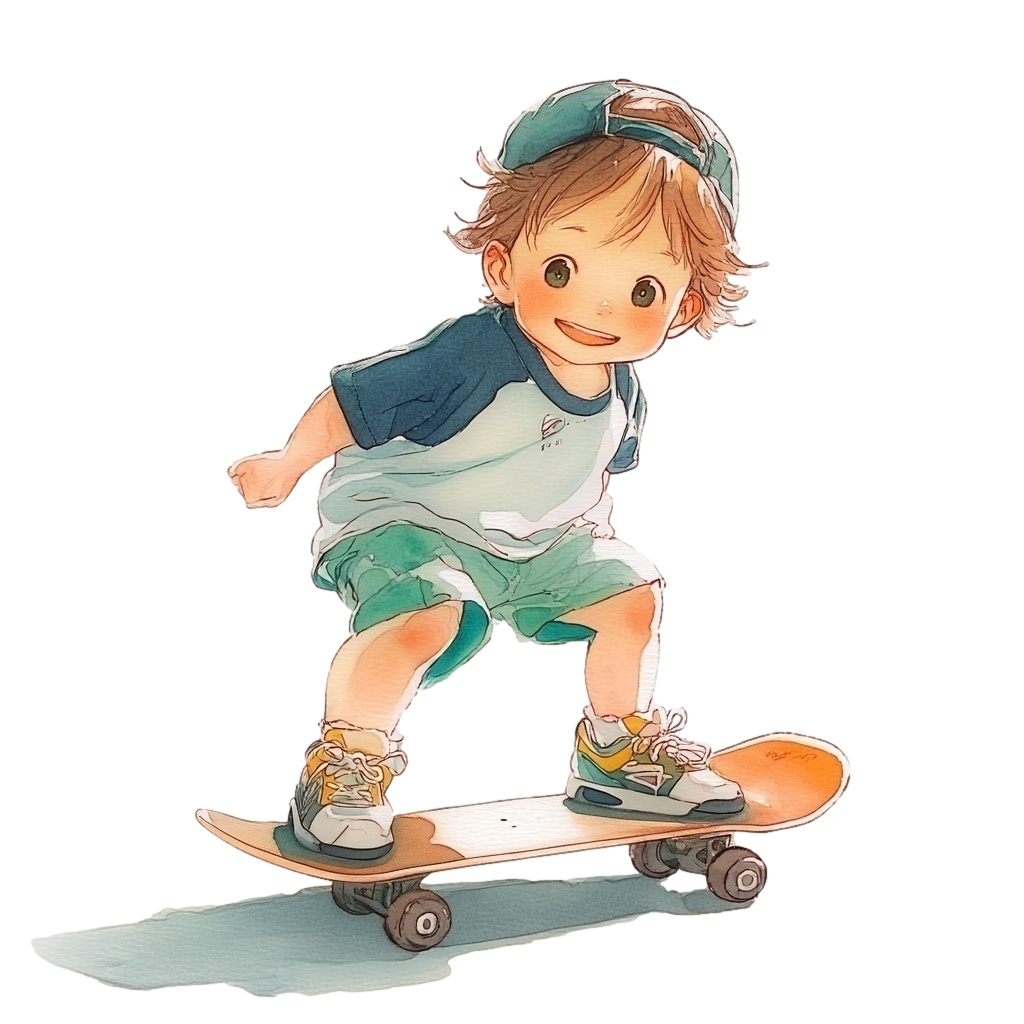 オレンジ色のスケートボードに乗っている青のラグランTシャツを着て帽子を後ろ向きにかぶっているいる小さな男の子の背景透過水彩イラスト