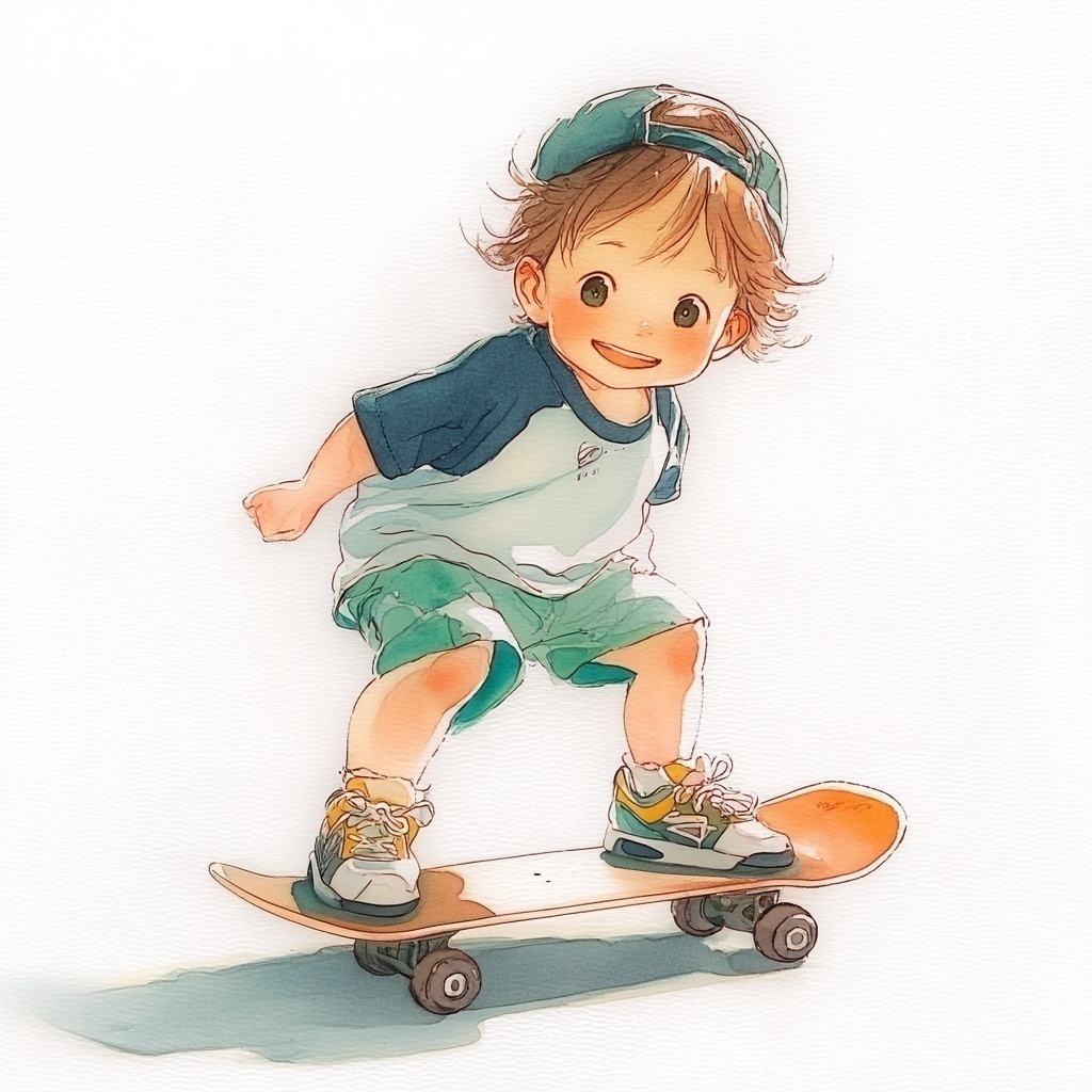 オレンジ色のスケートボードに乗っている青のラグランTシャツを着て帽子を後ろ向きにかぶっているいる小さな男の子の水彩イラスト