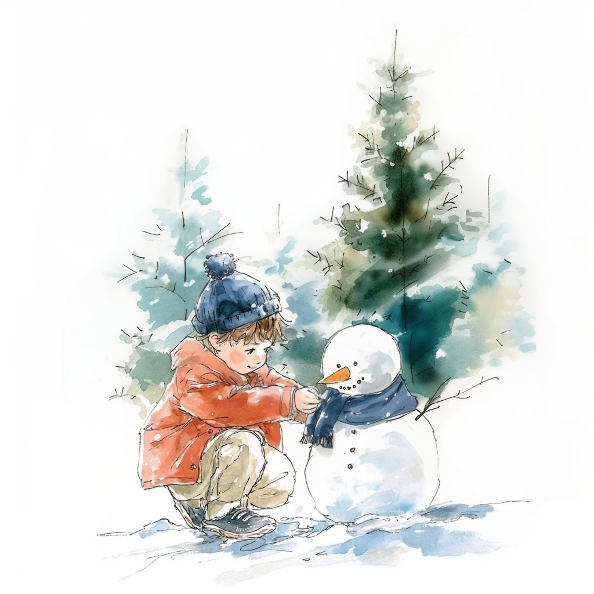 雪の森の中で雪だるまにマフラーを巻いてあげている小さな男の子の水彩イラスト