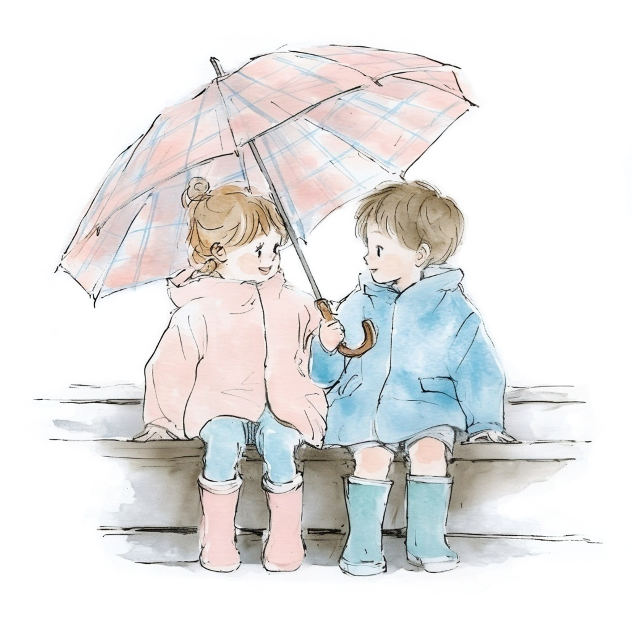 相合傘をしながら仲良くおしゃべりしている小さな女の子と男の子の水彩イラスト