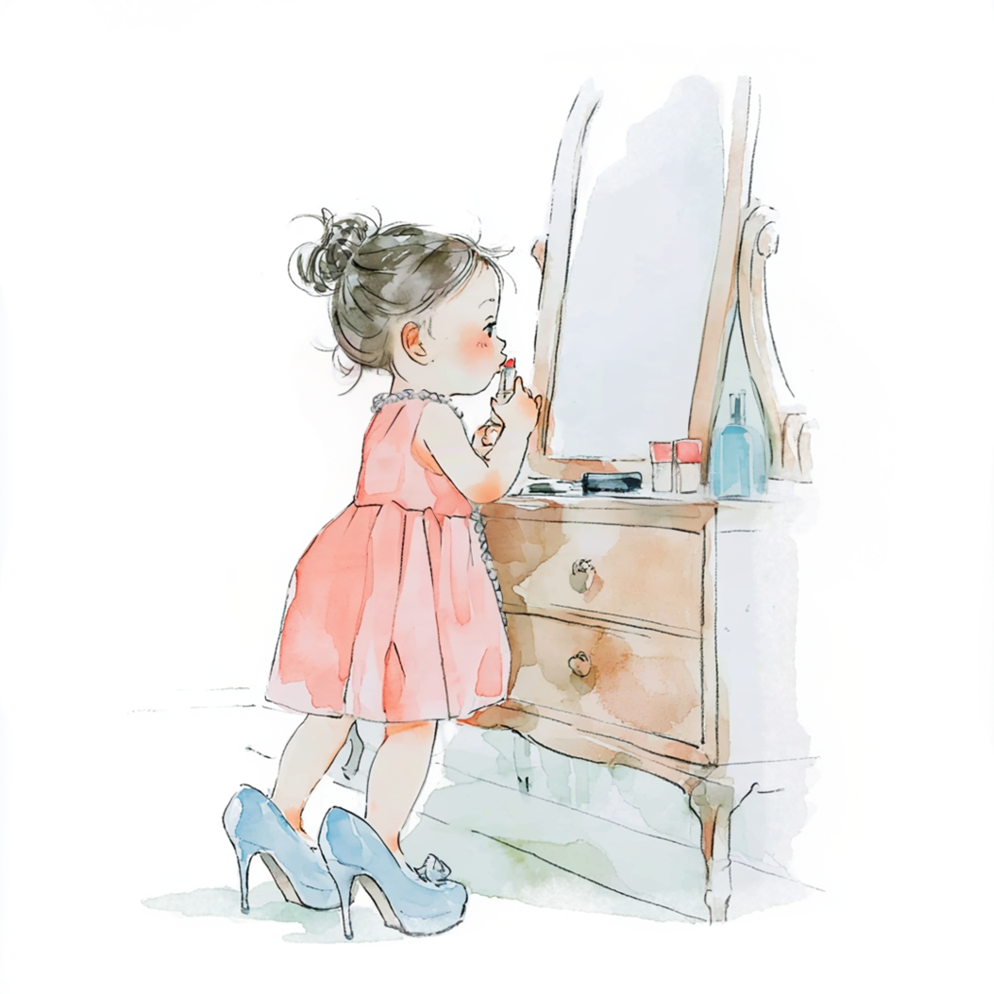 ママのハイヒールをはいて口紅を塗っている小さな女の子の水彩イラスト